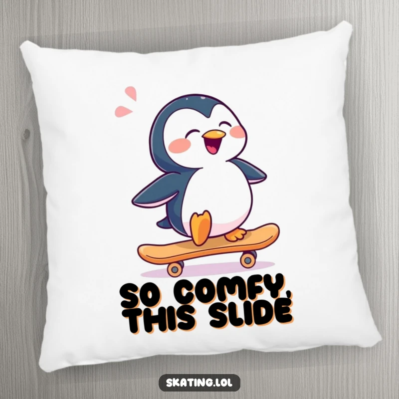 Funny penguin character sliding sideways on a skateboard, depicted on a soft pillow for humorous and cozy decor.