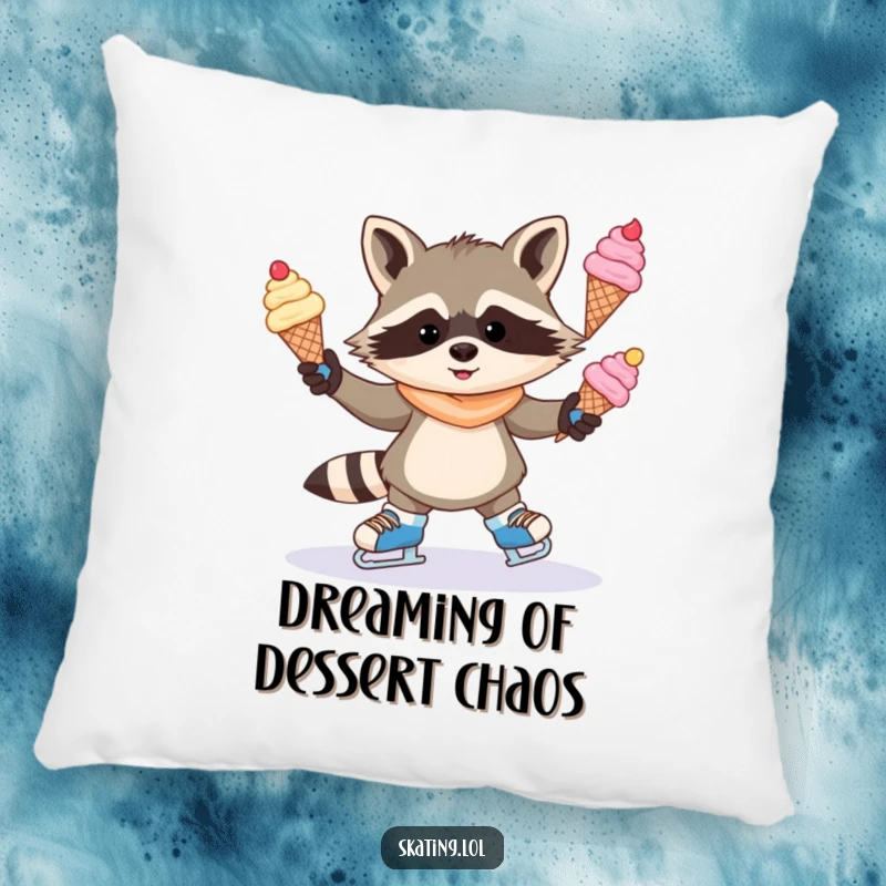 Funny pillow with a mischievous raccoon juggling ice cream cones on ice skates, offering cozy comfort and a dash of sweet humor.