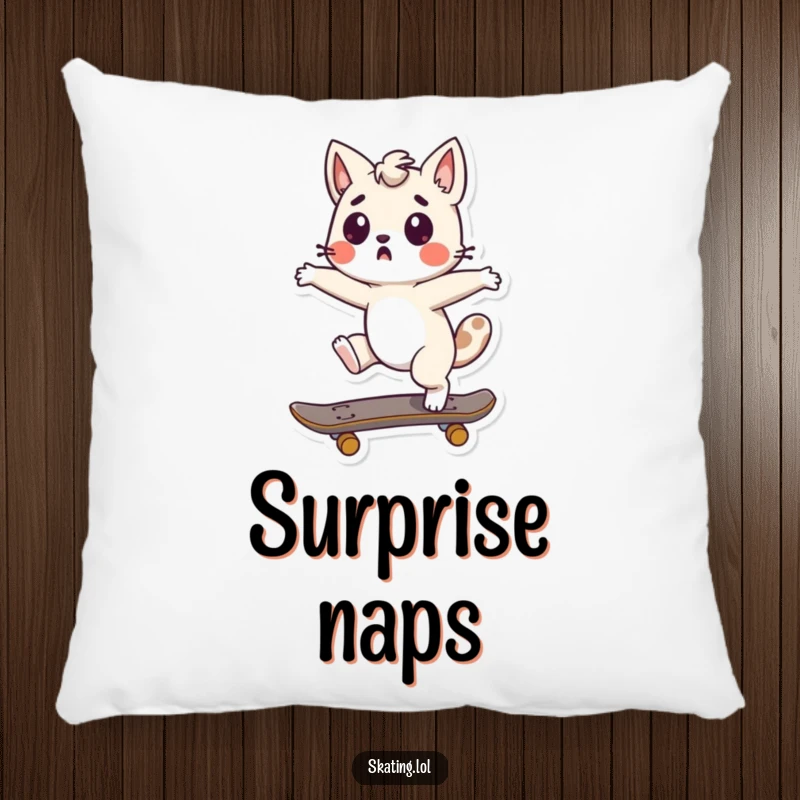 Funny Skater Surprise Pillow with a cute character doing a surprised spin on a skateboard, offering comfort and playful surprise humorously.