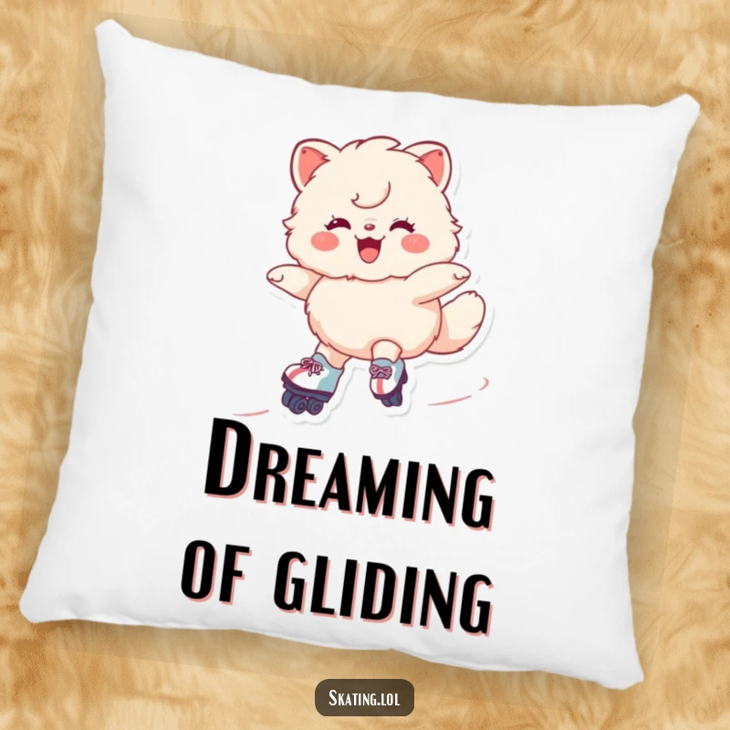 Funny Skating Buddy Pillow with a grinning fluffy character gliding on roller skates, offering comfort and fun vibes humorously.