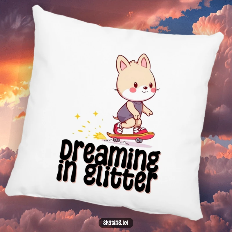 Funny pillow with an animal character skating and leaving a trail of happy sparks, adding a humorous and vibrant touch to any room.