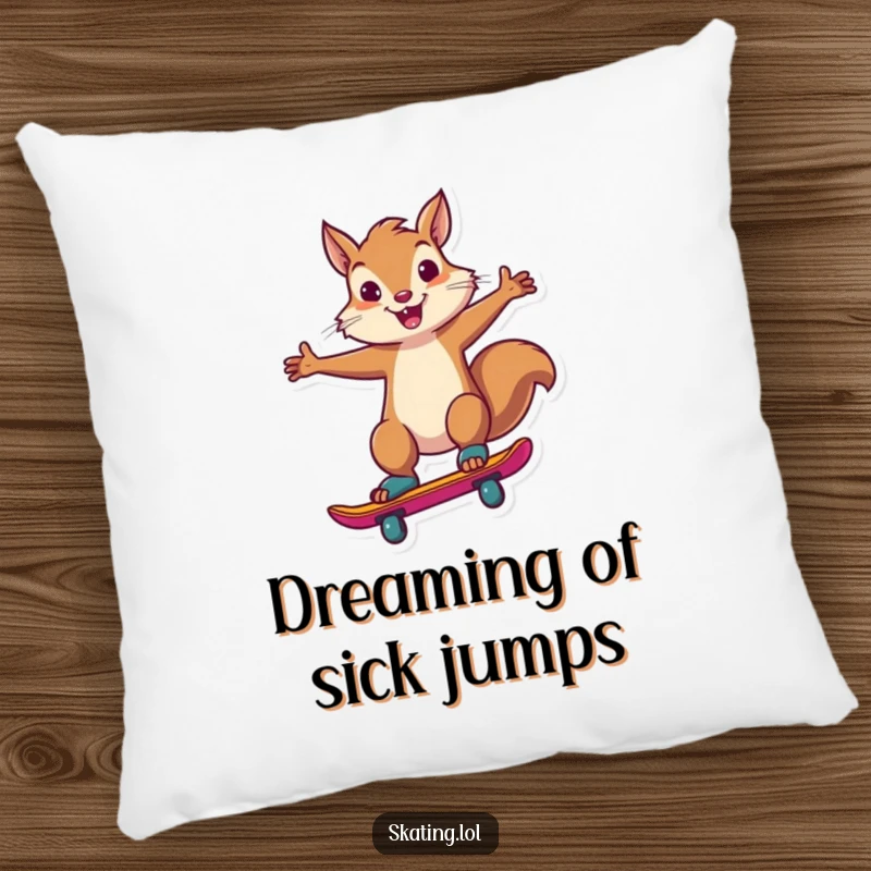 Funny squirrel character executing a triumphant skate trick, designed for a comfortable and humorous pillow.