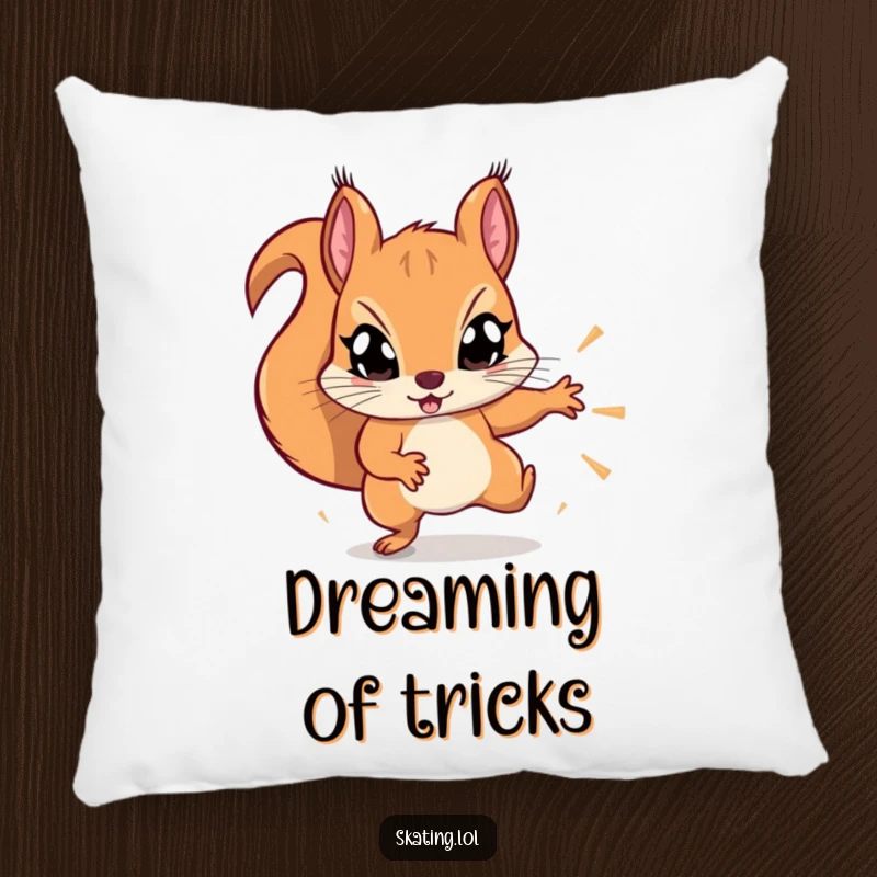 Funny determined squirrel with wide eyes, attempting a flashy trick, soft and humorous pillow design.