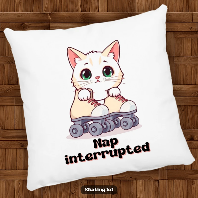 Funny surprised cat pillow with a feline peeking from behind roller skates, offering comfort and a humorous visual gag.