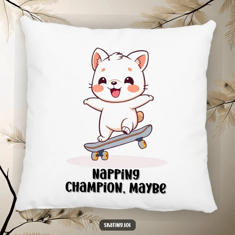 Funny pillow depicting a charming animal character wobbling on a skateboard with joyful effort, adding a touch of humor to decor.