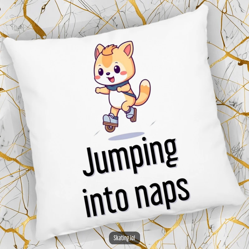 Funny Skating Joy Pillow with a happy wheeled character doing a small jump on inline skates, offering comfort and playful joy humorously.