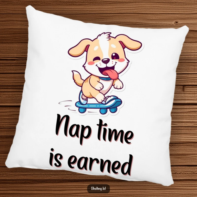 Funny plush pillow featuring a dog on skates, tongue out, smiling, soft and cuddly, perfect funny gift.