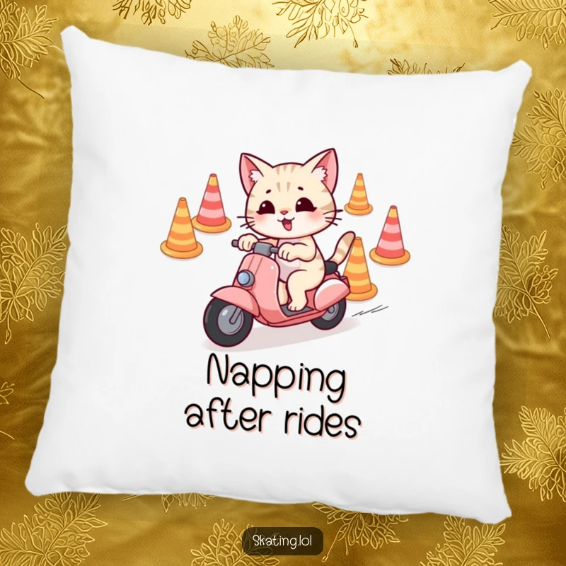 Funny Pillow featuring a playful cat character weaving through cones on a scooter, offering cozy comfort with a dash of fun.