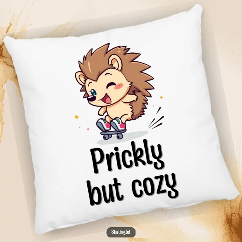 Funny Hedgehog Pillow: A clumsy hedgehog character rolls on skates, a flurry of giggles adding charm.