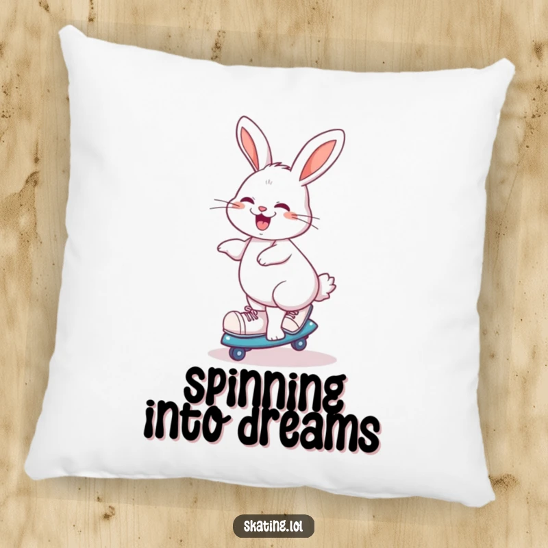 Funny giggling rabbit doing a playful spin on roller skates, soft and humorous pillow design.