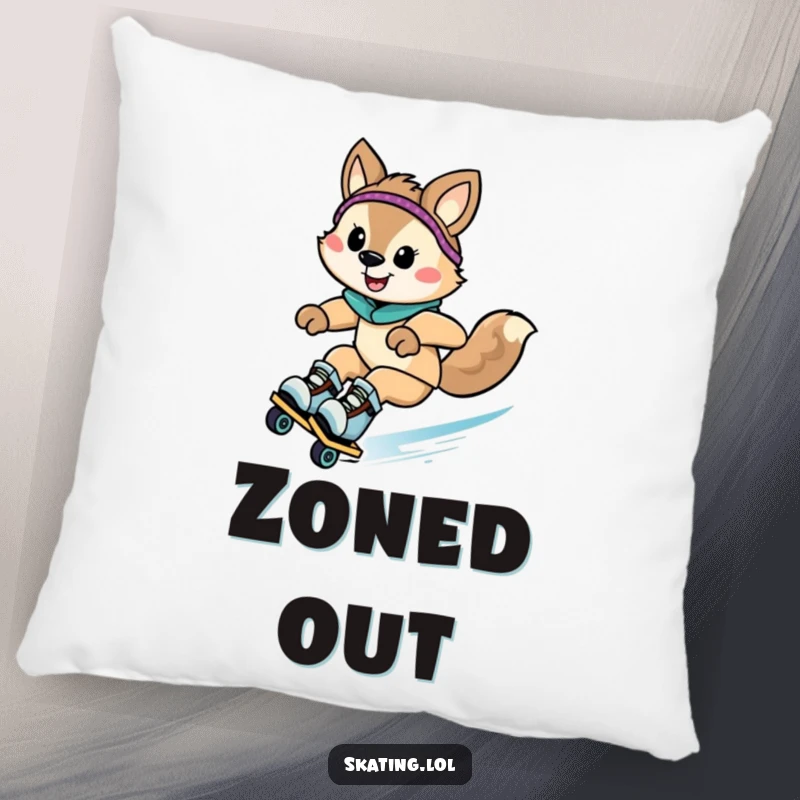Funny animal character zooming downhill on rollerblades with a grin, featured on a soft pillow for humorous comfort.