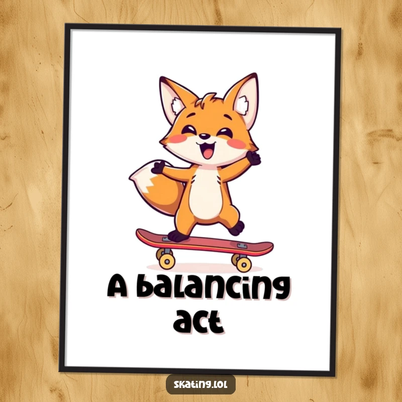 Funny, high-resolution digital art print of a fox balancing on a skateboard with one paw.