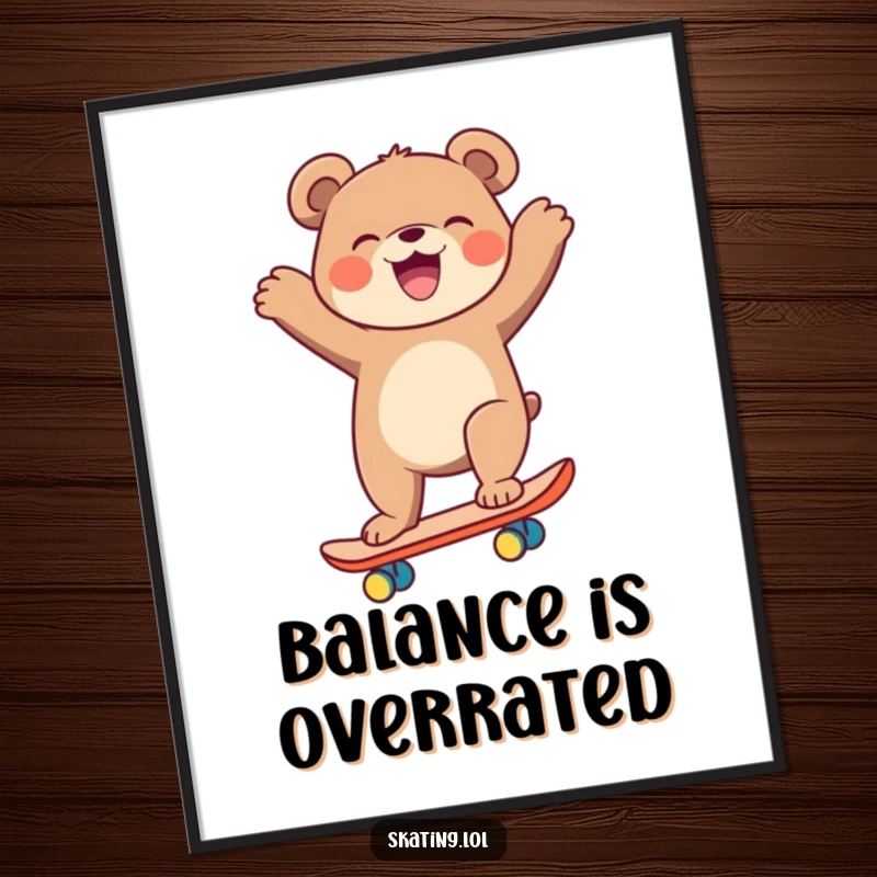 Funny laughing bear on a skateboard, arms flailing, digital art print for a funny gift.