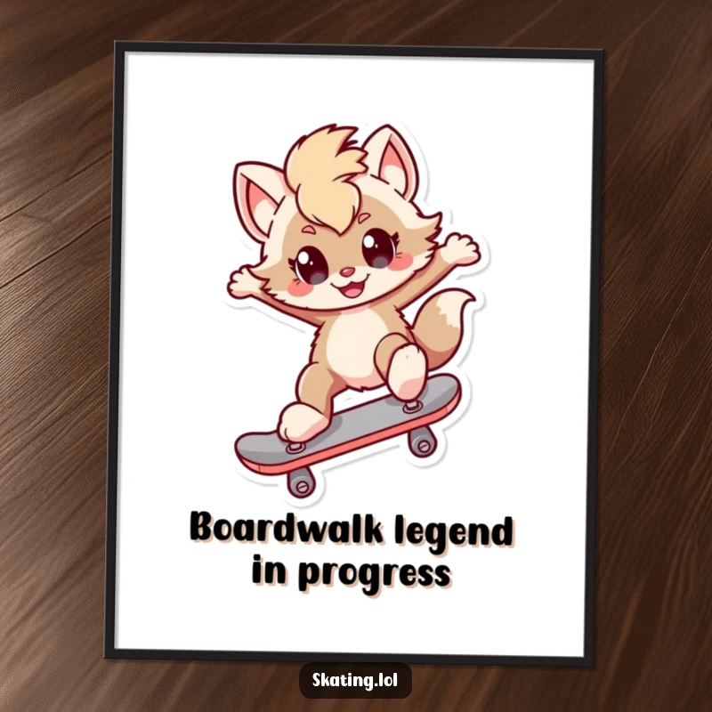 Digital Art Print: Funny furry character with a smirk performing a kickflip on a skateboard, capturing urban art energy.