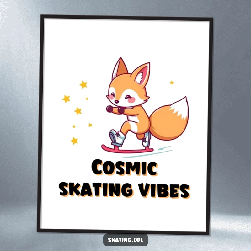 Funny fox digital print: a cute fox character comically slides on roller skates, leaving a trail of stars, wall art for fantasy lovers.