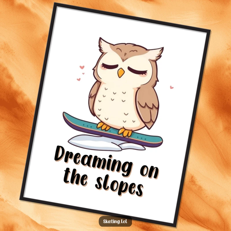 Funny digital art print of a cute, dazed owl resting on a snowboard, perfect for sleepy-themed decor and humor lovers.