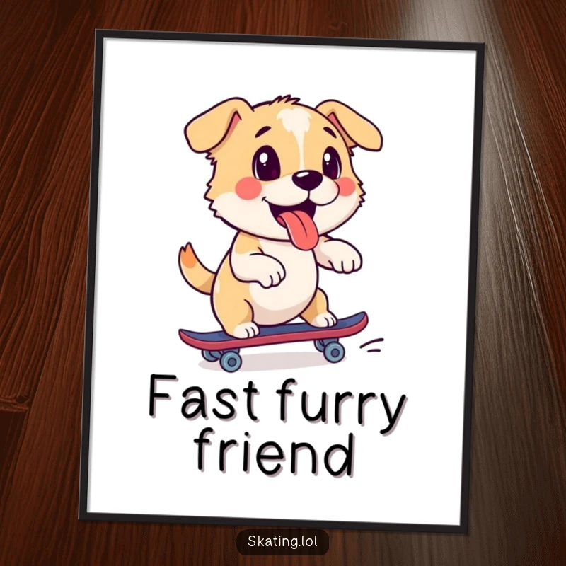 Funny dog digital art print of a playful pup enthusiastically pushing off on a roller skate, perfect for printable wall decor.