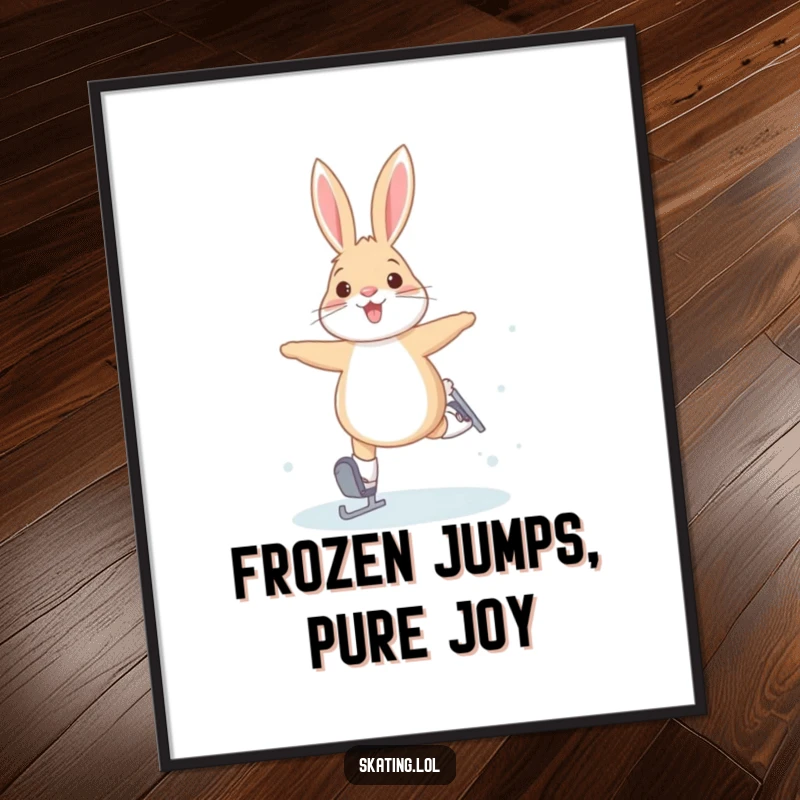 Funny digital art print of a joyful arctic hare performing bunny hops on ice skates, perfect for winter-themed decor and humor lovers.