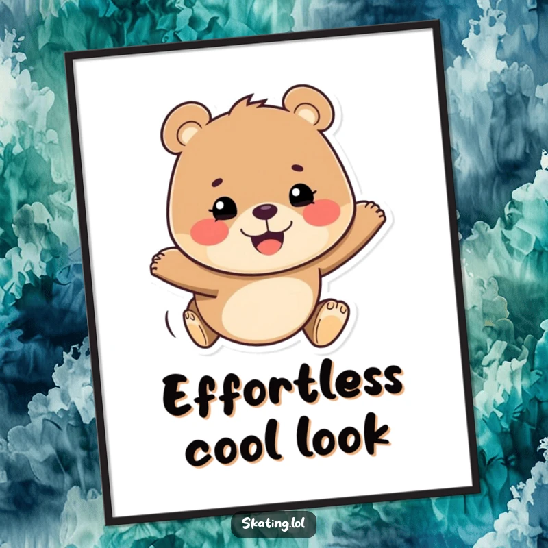 Funny digital art print of a happy bear with a determined grin, gliding smoothly, radiating cheerful energy and motivation.