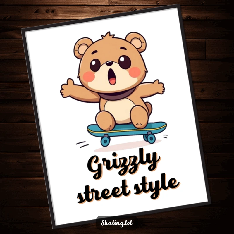 Funny Bear Skateboarder Digital Art Print: A delighted bear with a surprised expression rides a skateboard joyfully.