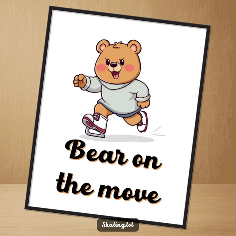 Funny determined bear character skating powerfully, energetic strides, instant download funny gift art.