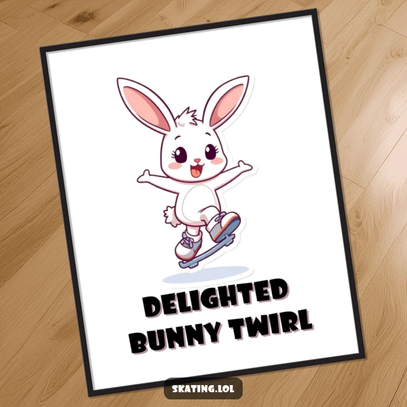 Funny digital art print of a delighted bunny character bouncing and attempting a graceful spin on ice skates, adding humor and joy.