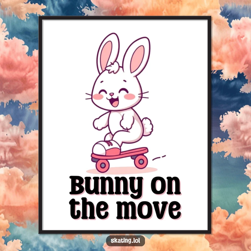 Funny bunny digital art print, a cute bunny gleefully gliding on roller skates with a joyful expression, bringing happiness.