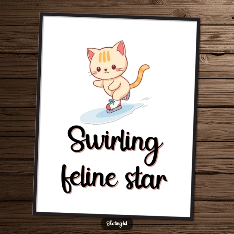 Funny digital art print of a cute cat character gracefully ice skating on tiny skates, adding a humorous and charming element to decor.