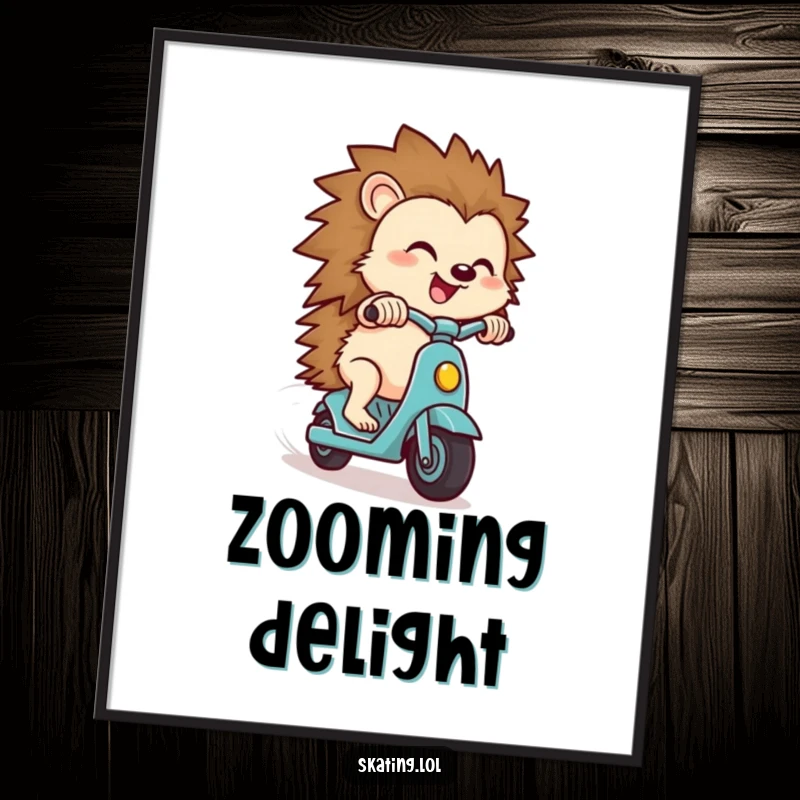 Funny hedgehog digital art print, a small hedgehog character zipping downhill on a scooter with a look of pure delight, bringing speed.