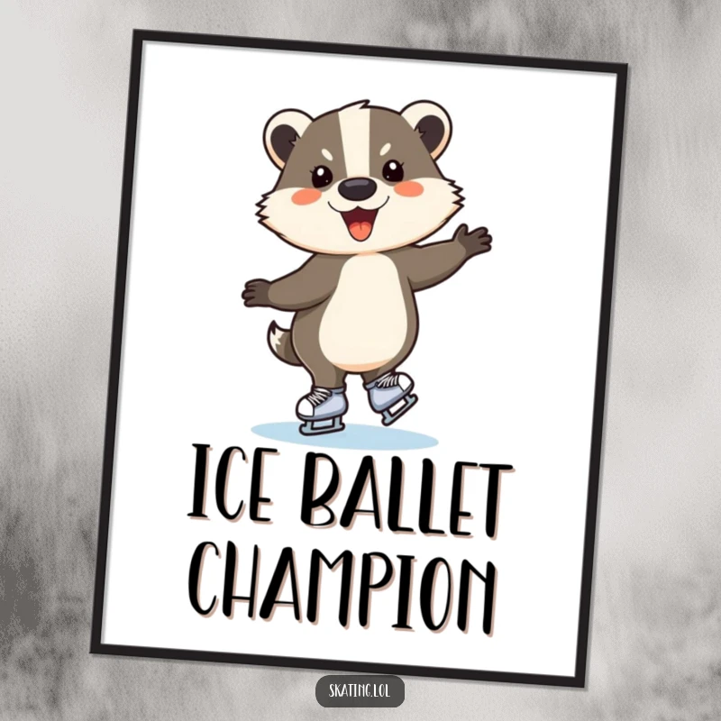 Funny ice skating badger digital art, a cheerful animal mid-spin on ice, high-resolution humorous artwork.