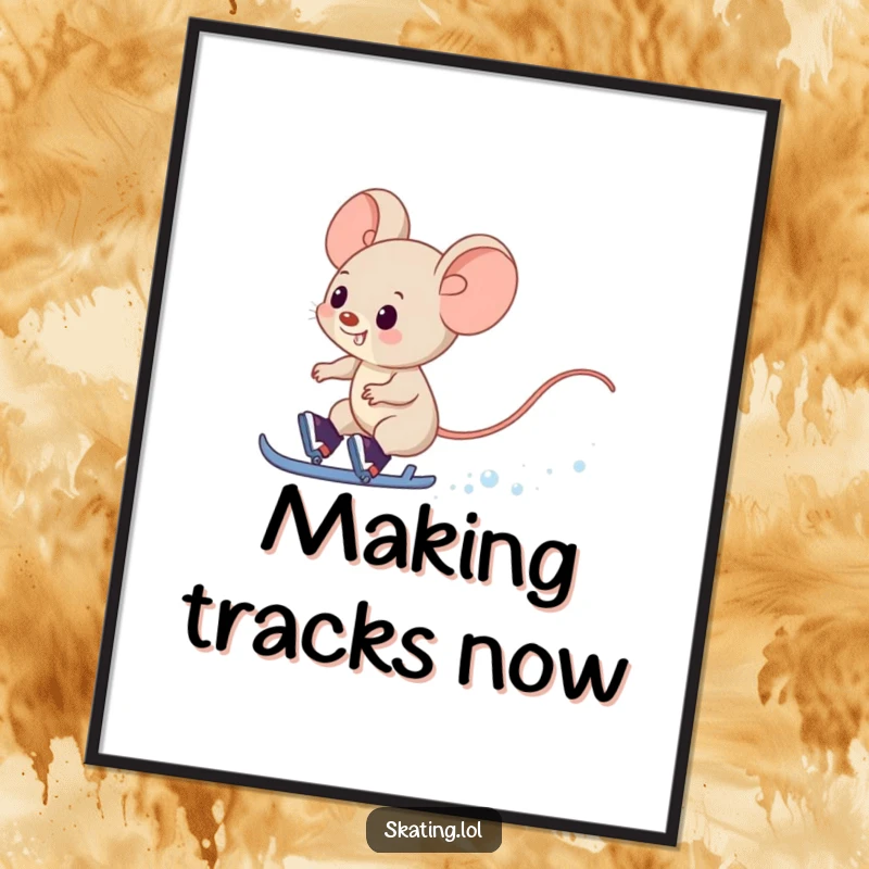 Funny Mouse Digital Art Print: A giggling mouse character zips past on skates, creating a snowy trail of fun.