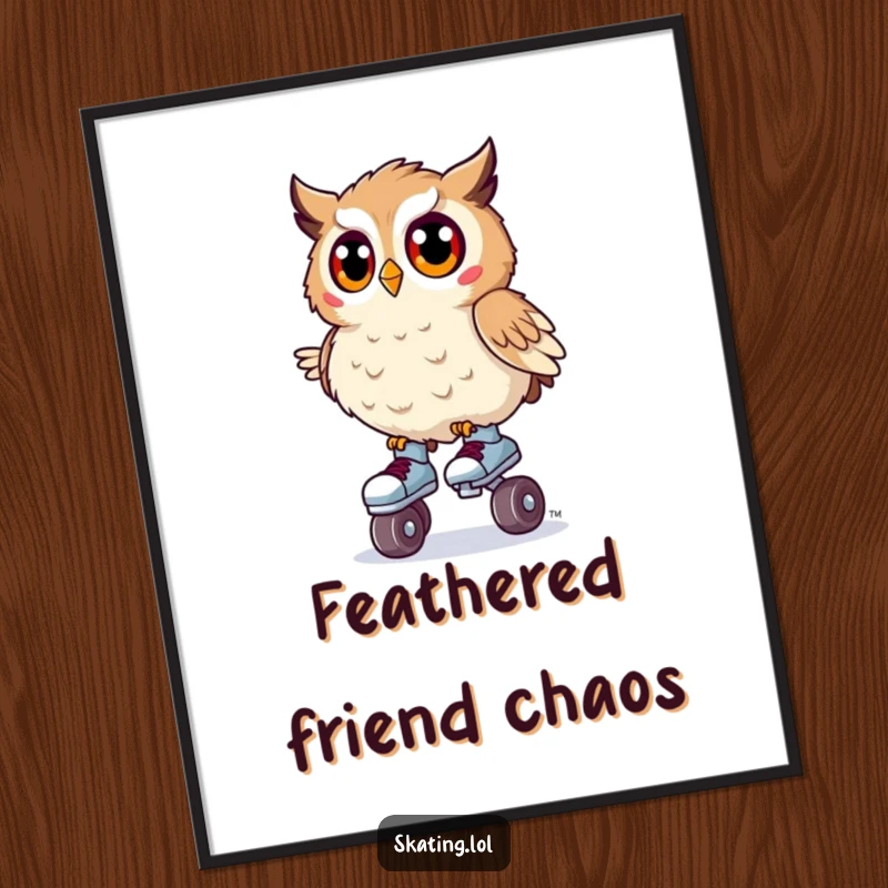 Funny digital art print of a surprised owl wobbling on tiny roller skates, conveying whimsical humor and playful instability.