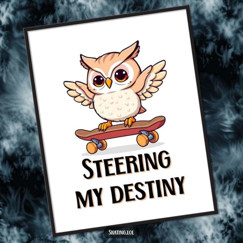 Funny Owl Skateboarder Digital Art Print: A curious owl cautiously steers a skateboard with its wings, full of wit.