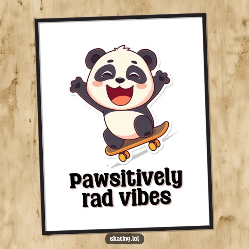 Funny, high-resolution digital art print of a panda skateboarding downhill with a wide grin.