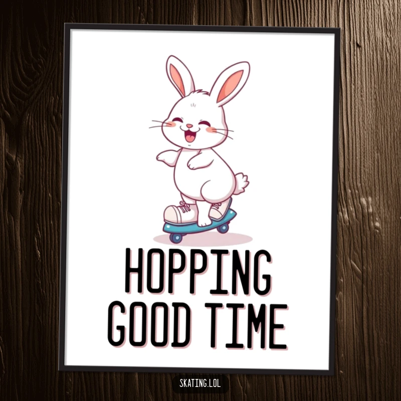 Funny giggling rabbit doing a playful spin on roller skates, high-resolution digital art print.