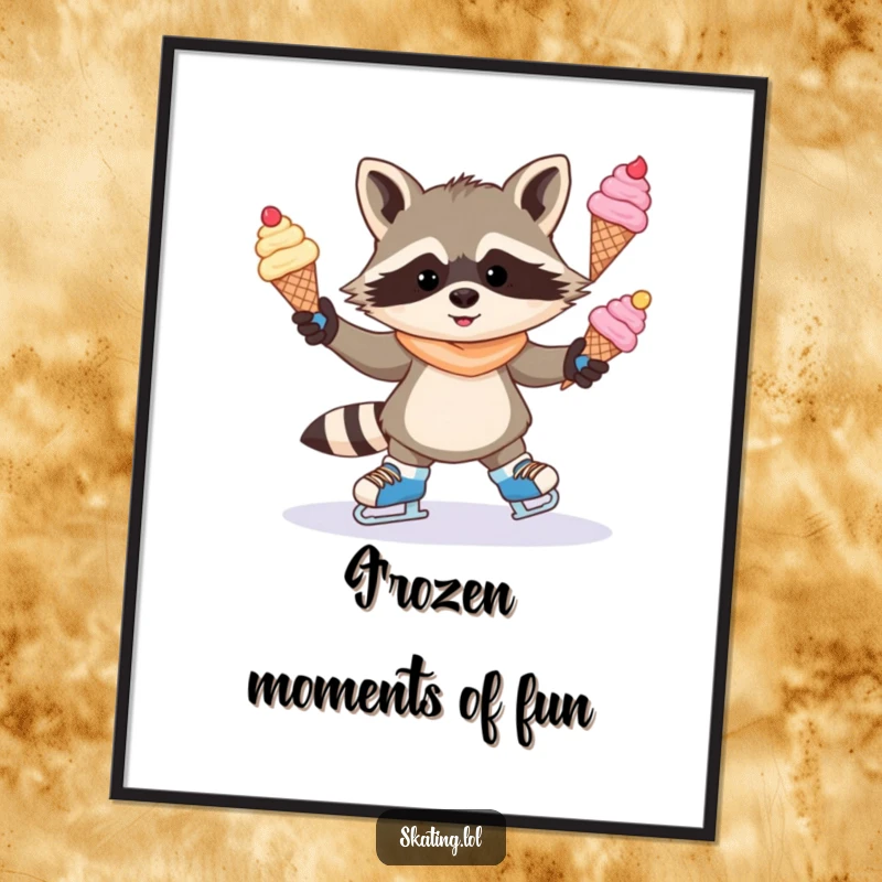Funny digital art print of a mischievous raccoon juggling ice cream cones on ice skates, perfect for dessert-themed decor and humor lovers.
