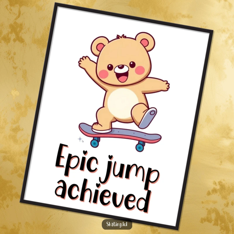 Funny Digital Art Print of a cheerful bear character mid-air, executing an impressive skateboard jump trick with dynamic energy.