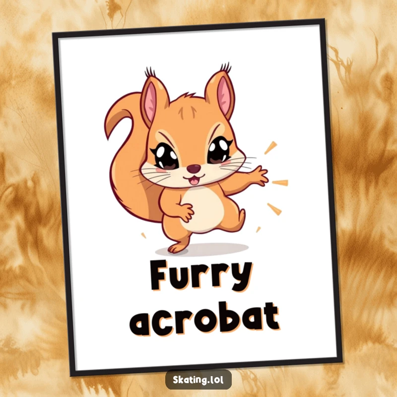 Funny determined squirrel with wide eyes, attempting a flashy trick, high-resolution digital art print.