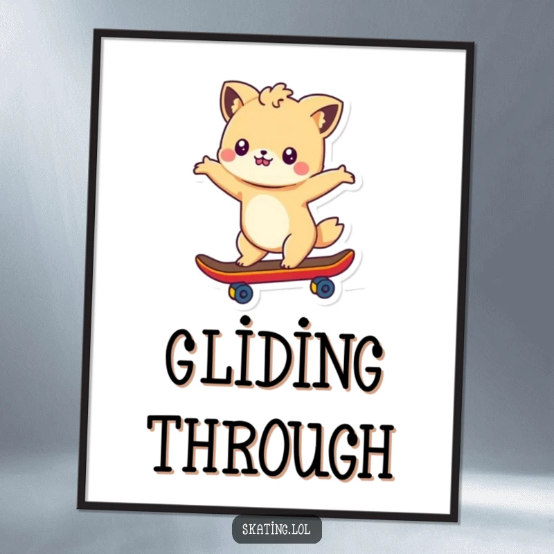 Funny digital art print of a cute animal character gracefully skateboarding with arms outstretched, capturing a dynamic moment of joy.