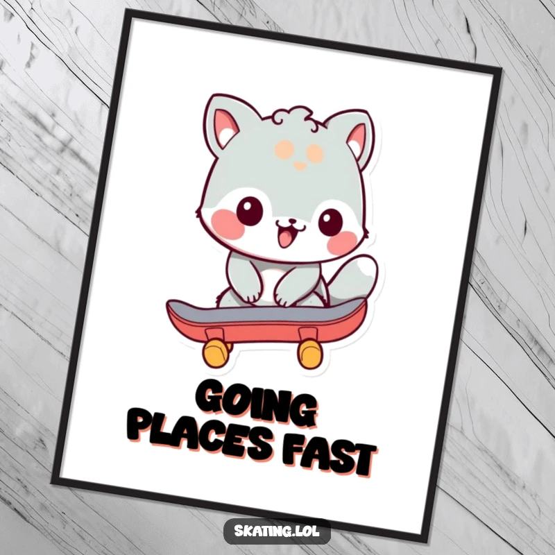 Funny digital art print of a friendly animal character pushing off with a skateboard, perfect for humorous wall decor and skater enthusiasts.