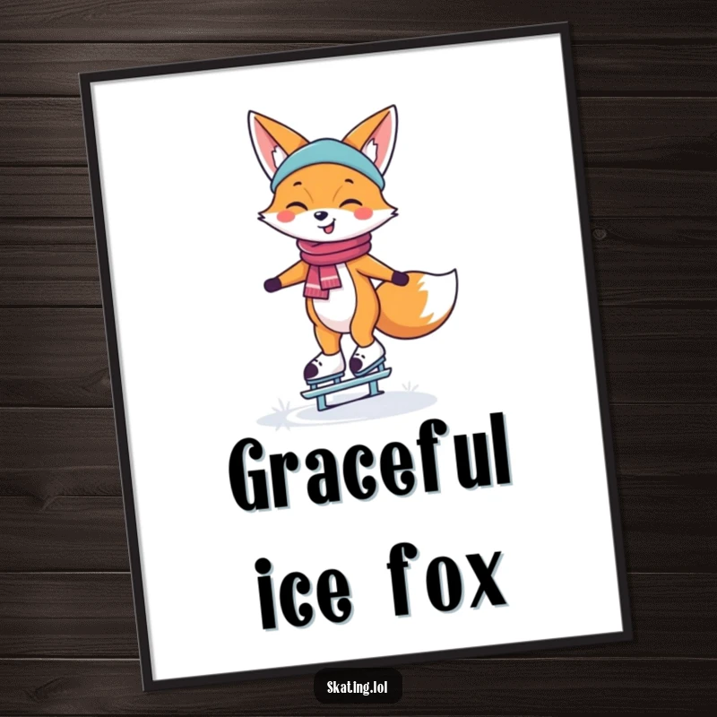 Funny Digital Art Print of a happy, smiling fox character gracefully balancing on ice skates, embodying winter joy.