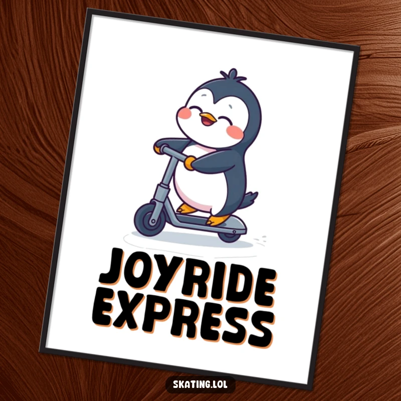 Funny Penguin Digital Art: A penguin comically zipping on a kick scooter with eyes closed in pure joy, funny gift.