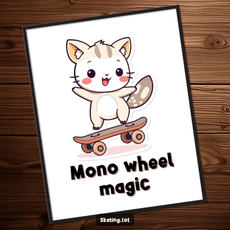 Funny animal character dynamically balancing on a single skateboard wheel, available as a digital art print for instant comedic decoration.