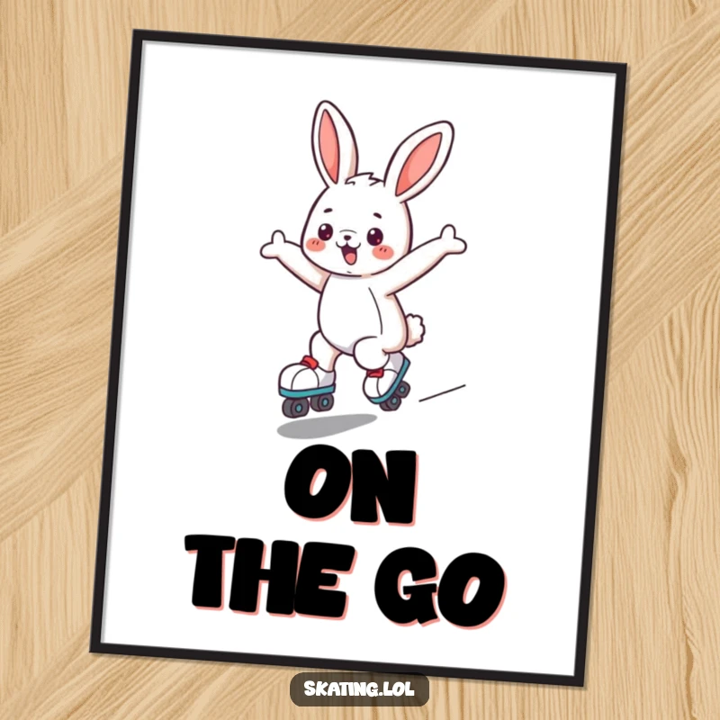 Funny bunny digital art print of a cute character joyfully roller skating, arms outstretched, perfect for printable wall decor.
