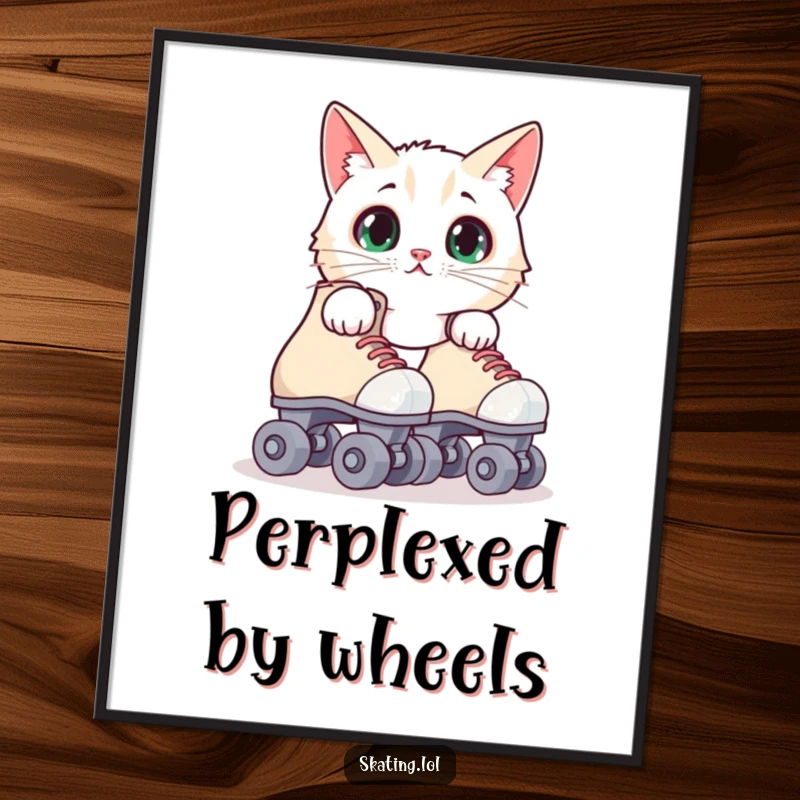 Funny surprised cat digital art print of a feline peeking from behind roller skates, perfect for printable wall decor.
