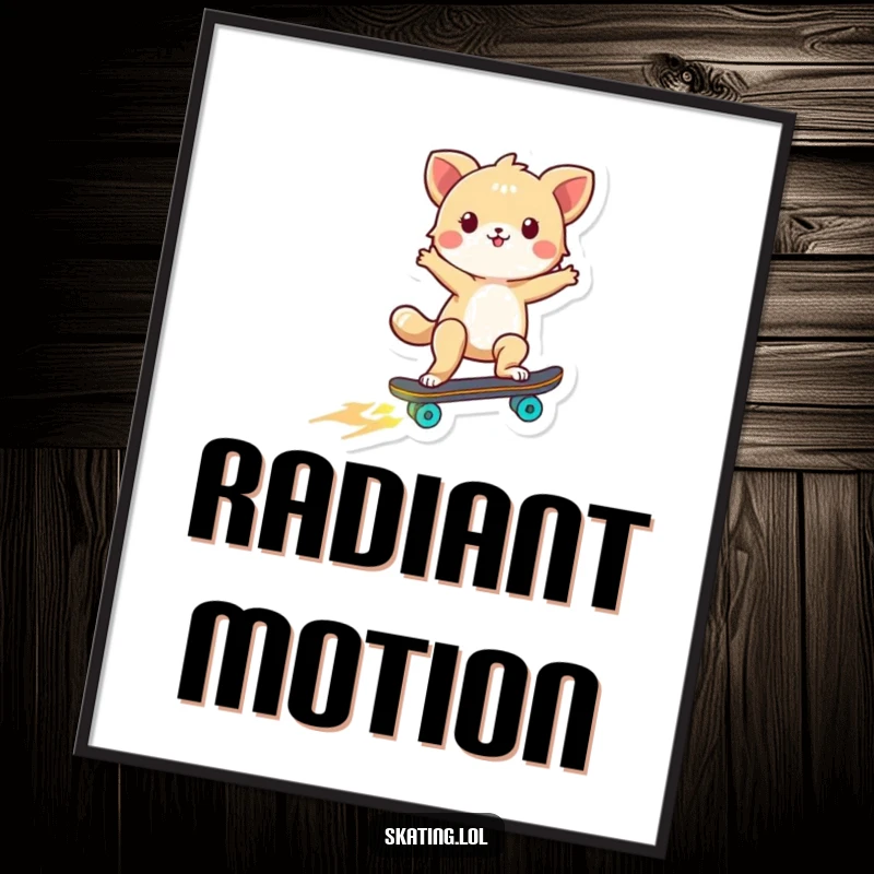 Funny digital art print of a tiny, excited animal performing a thrilling skateboard trick with wheels that glow, vibrant and fun.
