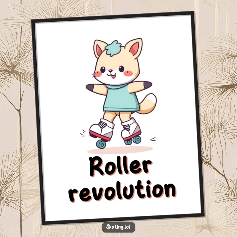 Funny playful animal character dynamically roller skating, available as a digital art print for instant comedic decoration online.