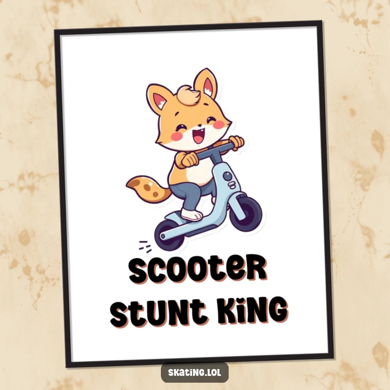 Cute animal character dynamically performing a trick on a scooter, available as a digital art print for instant comedic decoration.