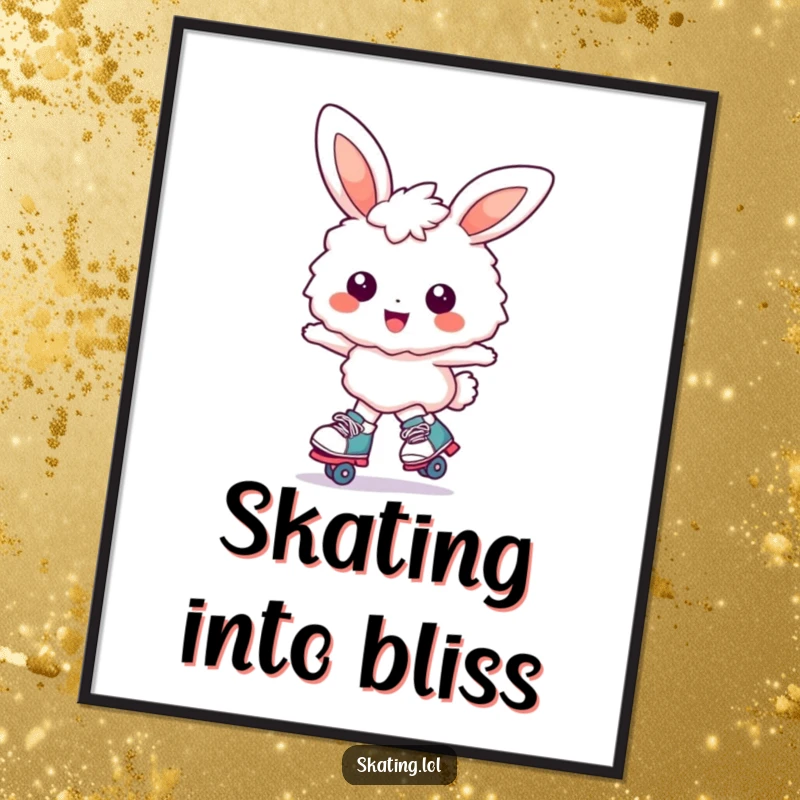 Funny bunny digital print: a fluffy bunny character joyfully glides on roller skates with a huge smile, wall art.