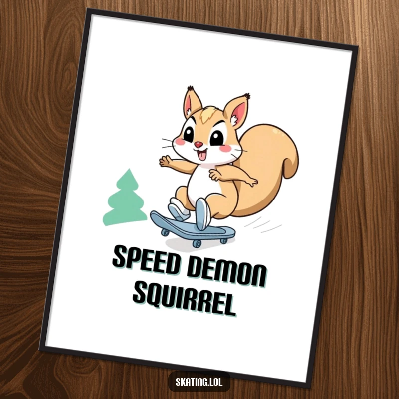 Funny squirrel digital print: a happy squirrel character comically skates downhill at breakneck speed, wall art for fast fun.